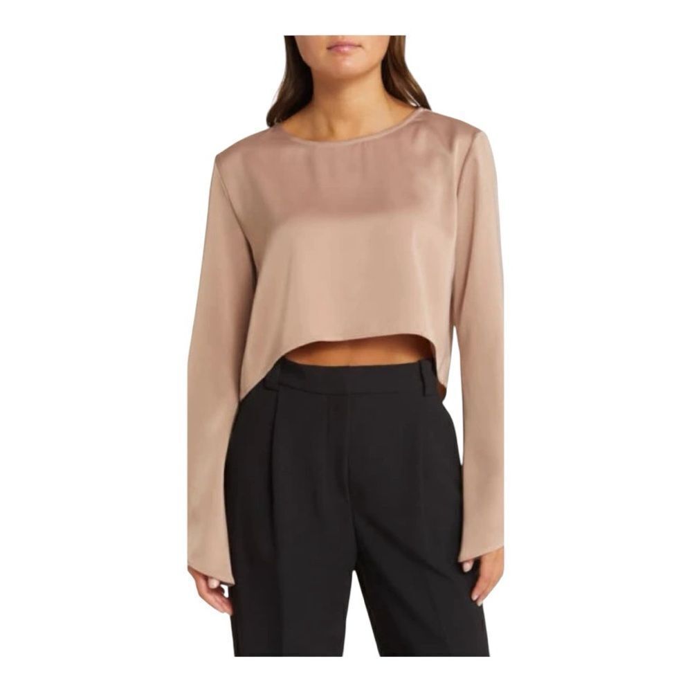 WAYF Womens Oversize Mushroom Woven Bell Angle Sleeve Crop Blouse Extra Small